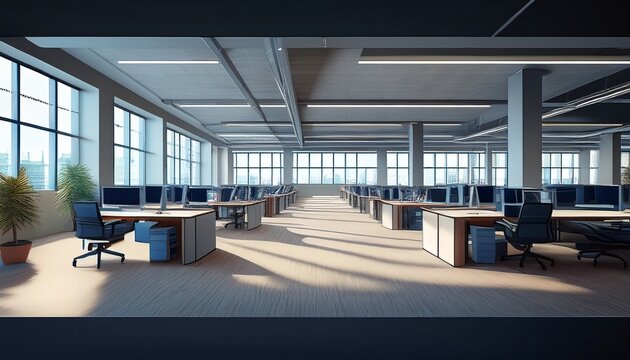 large open plan office space high ceiling multiple rows empty