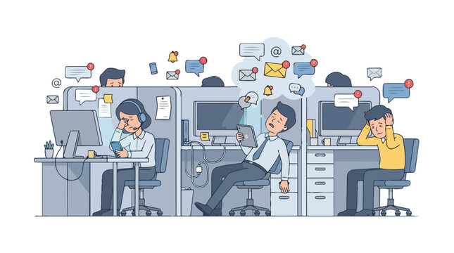 Overwhelmed and stressed office workers sitting in cubicles with digital notification overload.