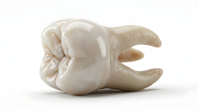 A highly detailed, off-white dental molar model with visible roots and cusps on a plain white.