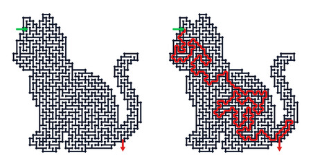 Obraz premium Cat-shaped maze with solution path highlighted in red 