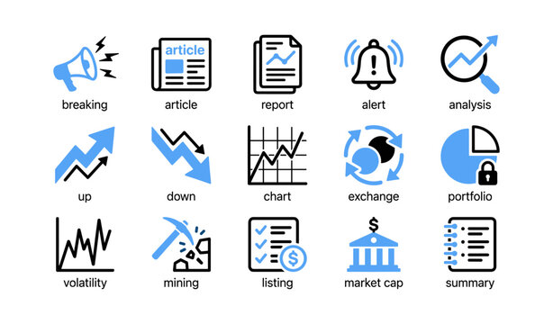Financial icons representing market news and data on white grid