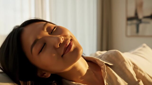 Person relaxing on a sunlit living room sofa with eyes closed and a peaceful smile, leaning against cushions during golden hour in a light blouse