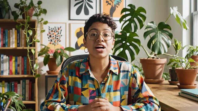 Person speaking to camera in a sunlit home office surrounded by potted plants and books, wearing glasses and a colorful patterned shirt with botanical art behind