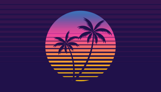 Beautiful retro synthwave tropical sunset on the beach vector