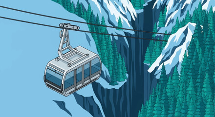 Aerial ski lift in snowy forest. © Syakilla