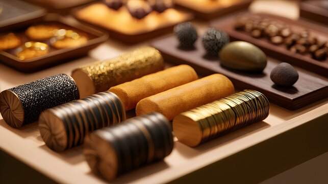 Close up of luxury sensory tools designed for focus, including textured rollers and tactile objects placed in an organized layout with visual labels, warm soft lighting enhancing surface details