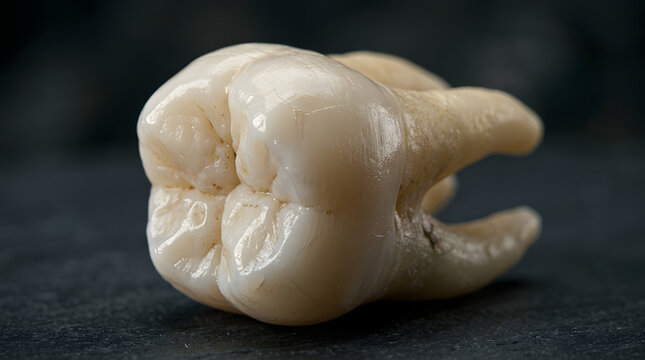 A detailed close-up view of a molar tooth model with visible crevices and cusps on a dark.