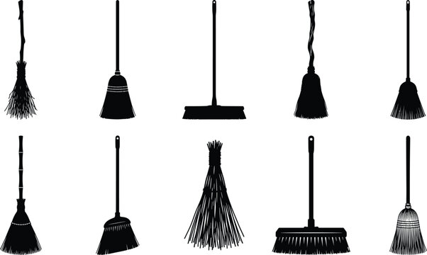 Collection of various broom silhouettes, demonstrating diverse styles and designs of cleaning tools and household implements