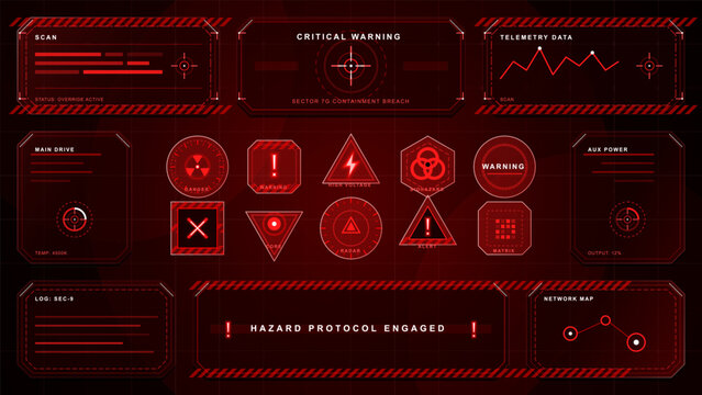 Red futuristic warning interface with hazard symbols, telemetry panels, radar targets, network map, and glowing HUD alerts on dark background
