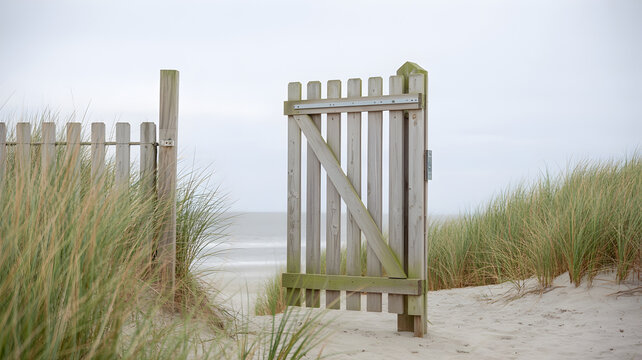Wooden gate open to beach, sand dunes, tall grass, ocean view, coastal landscape, pathway, serene setting.