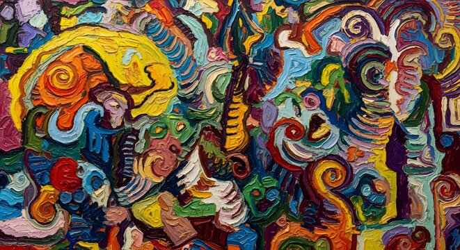 Painting features thick impasto brushstrokes and swirling shapes that evoke a chaotic and expressive emotional state.