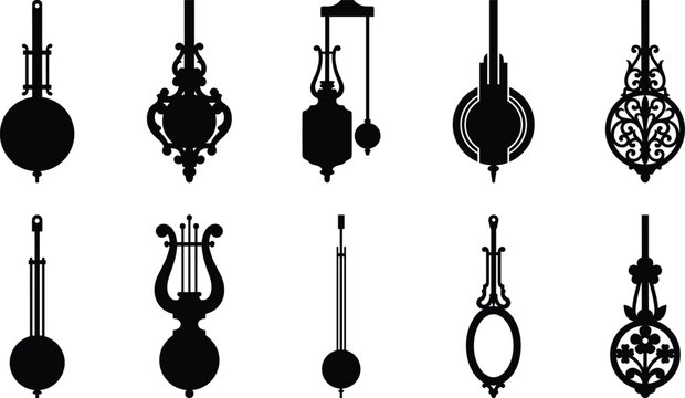 Collection of antique pendulum clock weights and decorative elements, showcasing vintage mechanical timekeeping devices