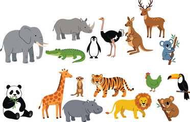 Obraz premium Cute cartoon wild animals collection featuring elephant lion tiger giraffe panda and exotic fauna for children education design