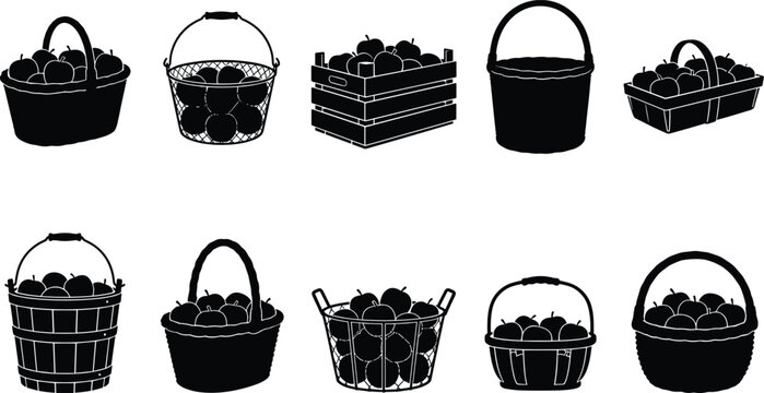 Variety of illustrative fruit baskets and crates in silhouette a collection of farm-fresh produce containers showcasing apples and other goods in a clean, minimalist style
