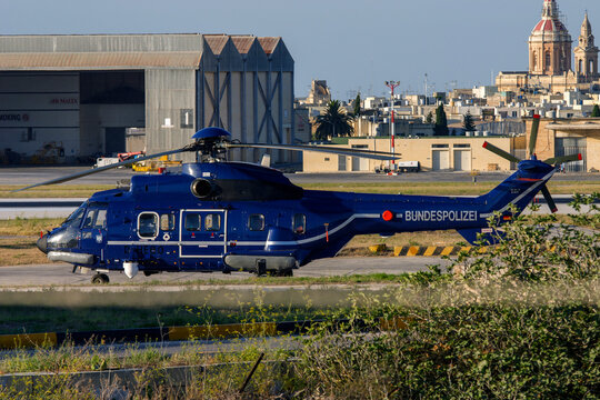 Luqa, Malta - July 8, 2007:  Bundespolizei  (German Police) Aerospatiale AS-332L1 Super Puma (REG: D-HEGO) in apron 2.