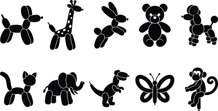 Collection of Balloon Animal Silhouettes Giraffe, Dog, Cat, Elephant, Dinosaur, Bunny, Bear, Poodle, Monkey, Butterfly, and More Fun Party Decorations