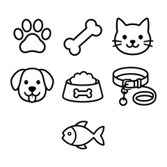Fototapeta premium Pet icons, dog and cat symbols, animal outline illustrations, pet accessories