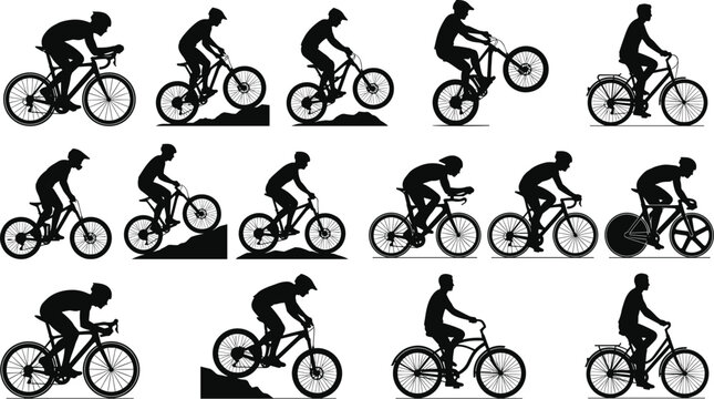 Large vector set of cyclist black silhouettes featuring mountain biking stunts road racing triathlons and urban city commuting