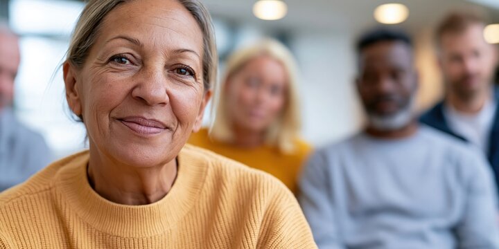 This image presents a smiling mature woman in a group setting, conveying warmth, connection, and community among diverse individuals engaged in conversation.
