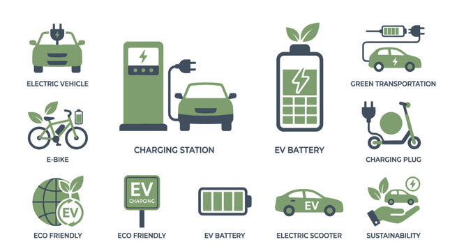 Electric vehicle and green transportation icons flat vector design for sustainability
