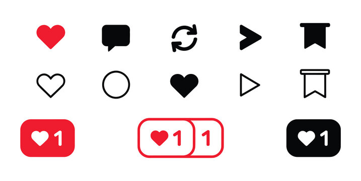 Social media engagement icons collection with heart like speech bubble comment repost share and save symbols in modern vector style