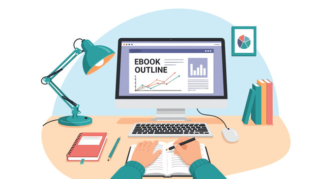Vector illustration of a writer drafting an ebook outline on a laptop with a digital notepad, including brainstorming symbols, chapter lists, and creative writing icons.