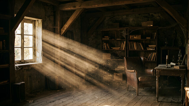 Sunbeams streaming into a dusty vintage attic study with old books