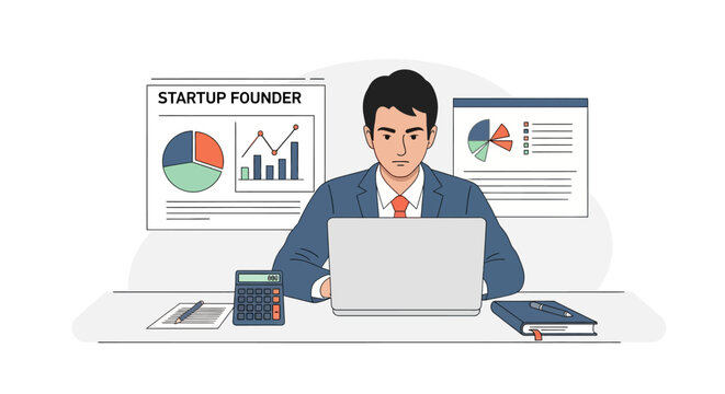 Vector illustration of a bootstrap founder reviewing business performance metrics and growth charts on a tablet within a modern office setting for a startup company.