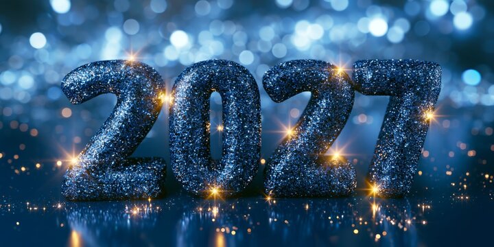 Glowing Blue 2027 New Year Numbers on Reflective Surface with Sparkling Bokeh Lights