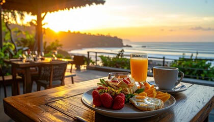 Fototapeta premium Breakfast with a View - Seaside Dining at Sunrise.