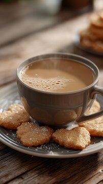 A cozy cup of coffee paired with delightful biscuits on a rustic wooden table, perfect for a relaxing moment.