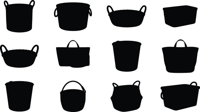 Set of twelve different black basket silhouettes on a white background, showcasing a variety of shapes and sizes, perfect for storage and organizational needs