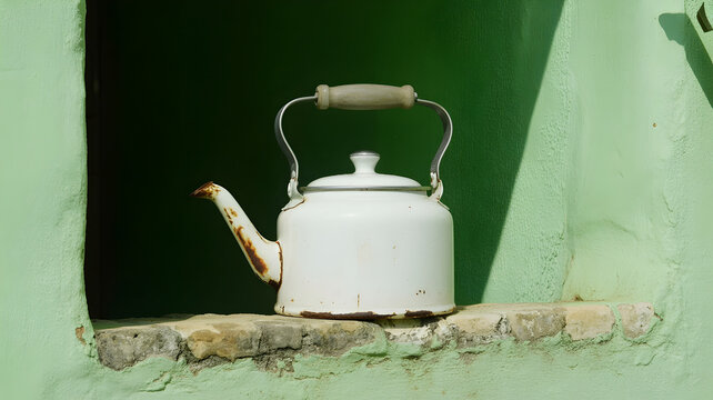 Old white enamel teapot on a stone ledge with green wall background, outdoor setting with sunlight.