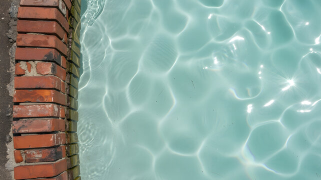 Clear turquoise water ripples with sunlight reflections against textured brick wall edge, refreshing pool surface detail.