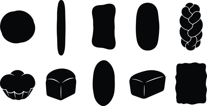 Collection of black and white food icons representing various types of bread and pastries, showcasing different shapes and textures in a graphic design format for culinary and baking themes