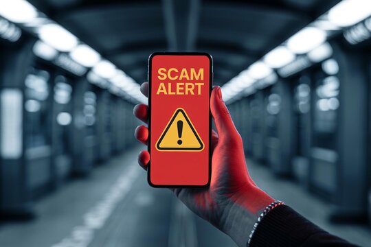A warning on a smartphone screen alerts users about potential scams in a subway environment.