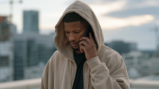 Solitary incident responder in overcast urban rooftop environment takes encrypted call during after-hours breach escalation, emergency cybersecurity response, on-call security operations professiona
