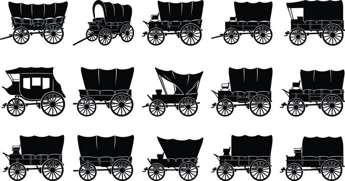 Collection of diverse historical wagon and carriage illustrations showcasing various designs and functionalities in a black and white graphic style suitable for educational or design purposes