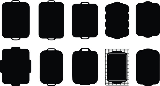 A curated collection of diverse baking sheet and tray silhouettes, showcasing a variety of shapes and designs ideal for culinary or graphic design applications