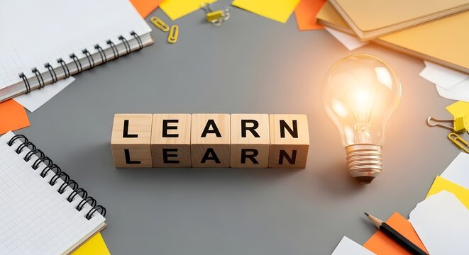 Technology and learning concept illuminated lightbulb with 'learn' blocks education and innovation