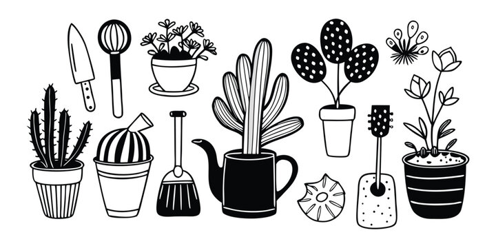 self care doodle black and white plants