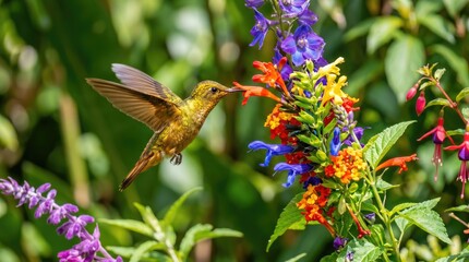 Fototapeta premium Hummingbird feeding on colorful flowers in garden