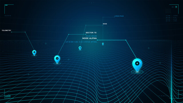 Futuristic cyan HUD map interface with glowing location pins, connected node labels, telemetry callouts and wave grid terrain on dark background
