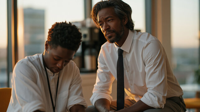 Office worker administering mental health first aid to a distressed colleague in a glass-walled break room, one person seated head lowered, the other crouched beside offering steady eye contact, cof