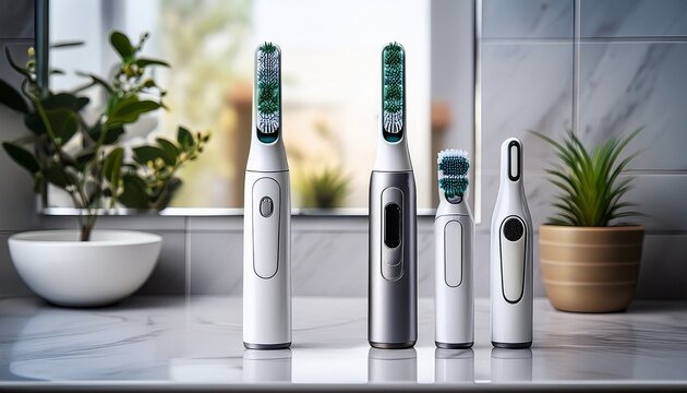 modern electric toothbrush heads on tiled bathroom countertop focus on oral hygiene tools
