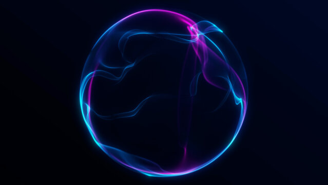 Blue and magenta transparent energy orb on dark background, abstract futuristic AI sphere loop for cyber technology, science visuals, and digital design
