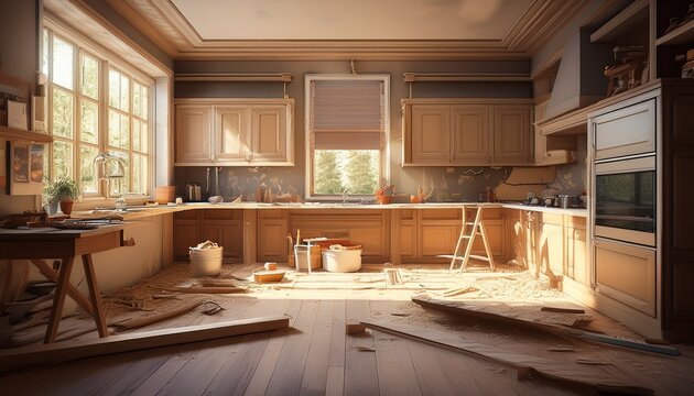 sawdust covers the floor in a half finished kitchen renovation project generative ai