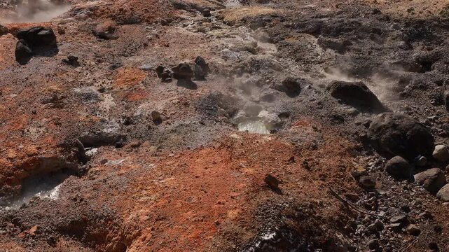 Jigokudani hell valley in hokkaido, Japan. Hell valley in japanese is 'noboribetsu'. "Hell Valley" active volcano geothermal crater in Noboribetsu, Hokkaido, Japan