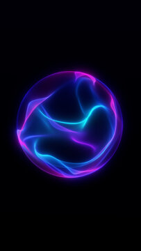 Vertical blue and purple neon energy sphere on black background, futuristic AI orb loop for mobile technology, cyber visuals, and science motion design
