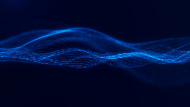 Cyan digital data wave surface with glowing lines and particles on dark background, abstract AI network loop for technology and science visuals